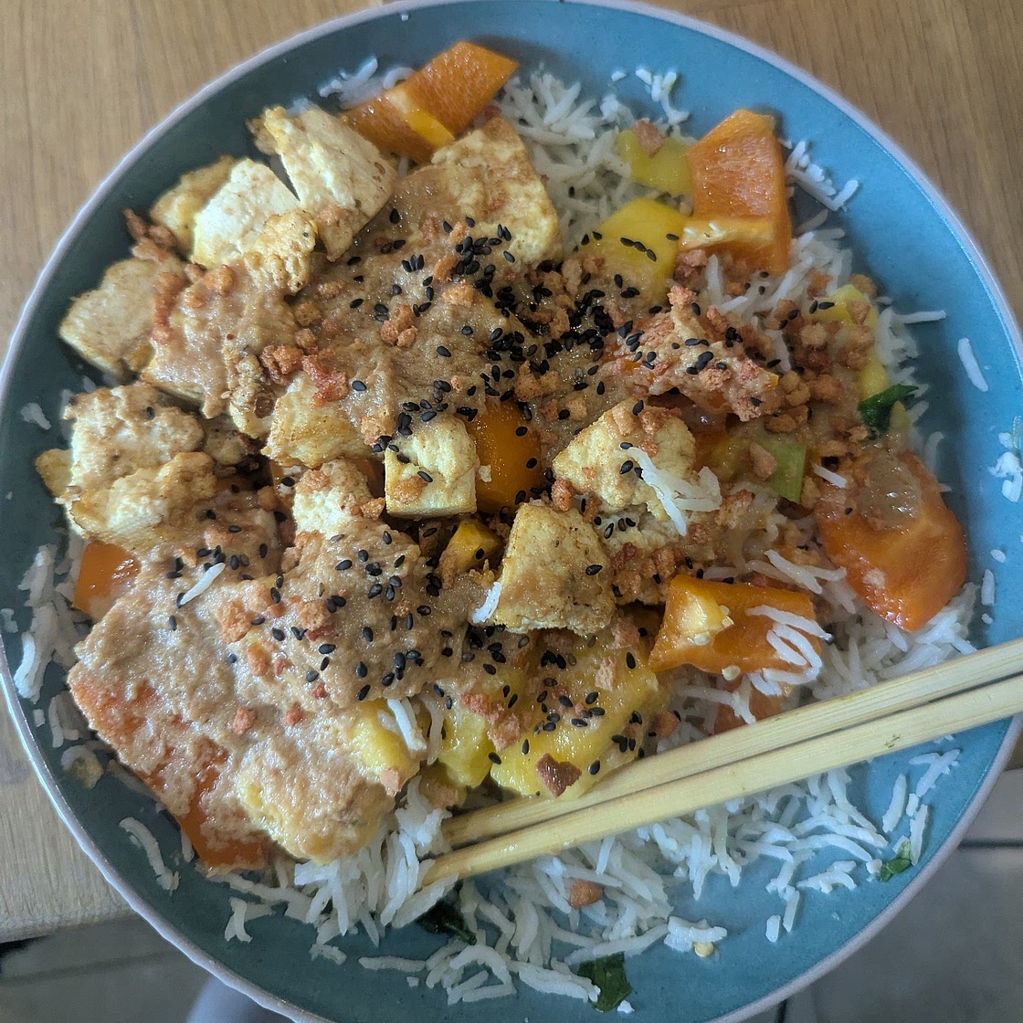 Mango "Burrito" Bowls with Crispy Tofu and Peanut Sauce