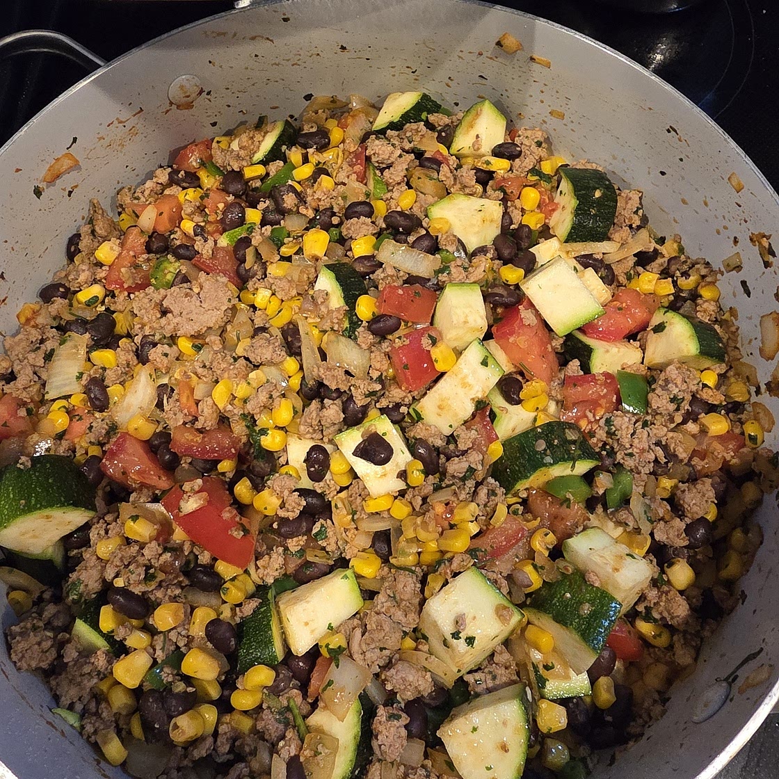 Ground Turkey Skillet with Zucchini, Corn, Black Beans and Tomato