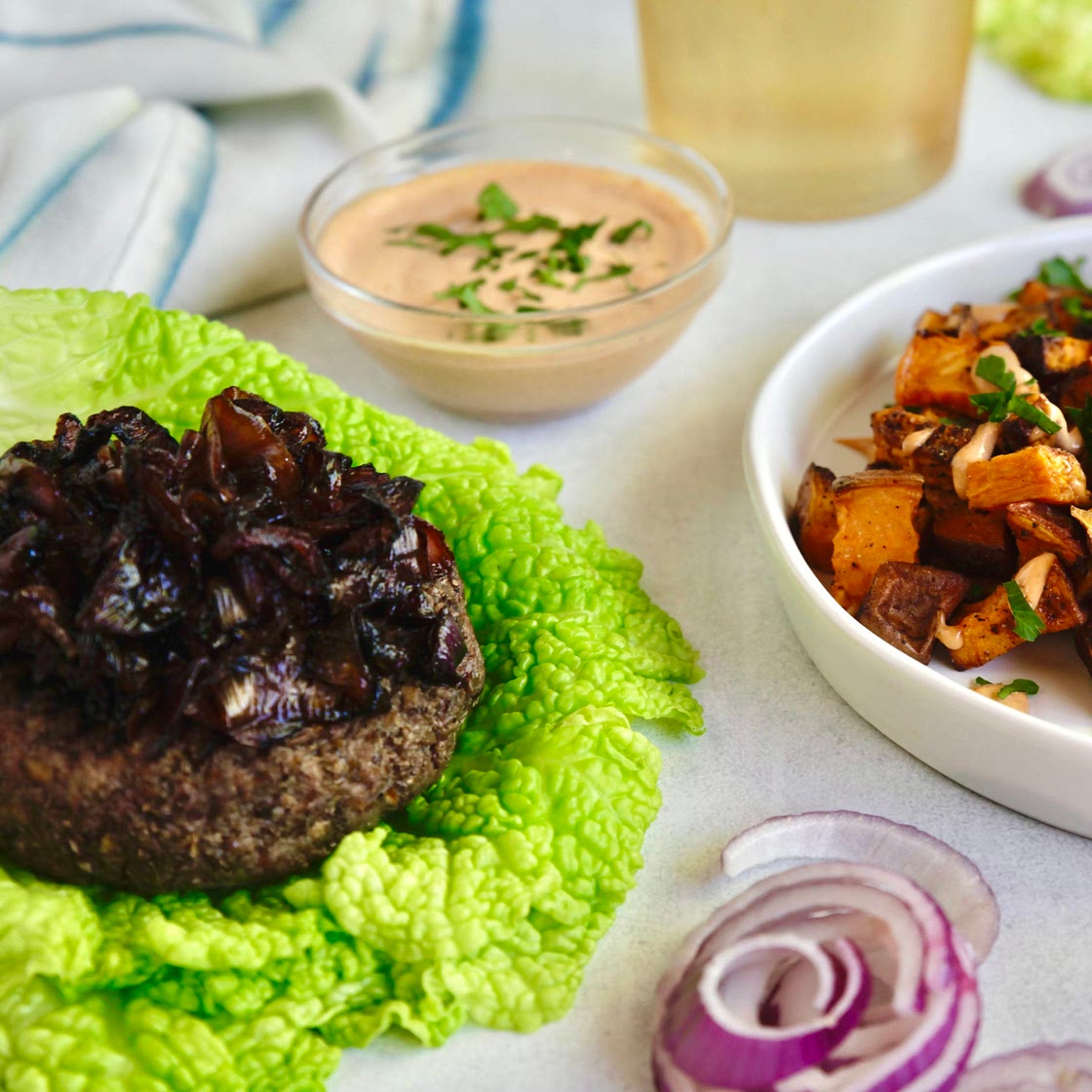 Grilled Beef and Mushroom Burgers with Caramelized Onions & Roasted Sweet Potatoes