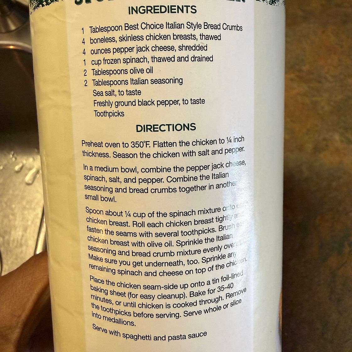 Chicken Breasts roll up with Spinach Mixture