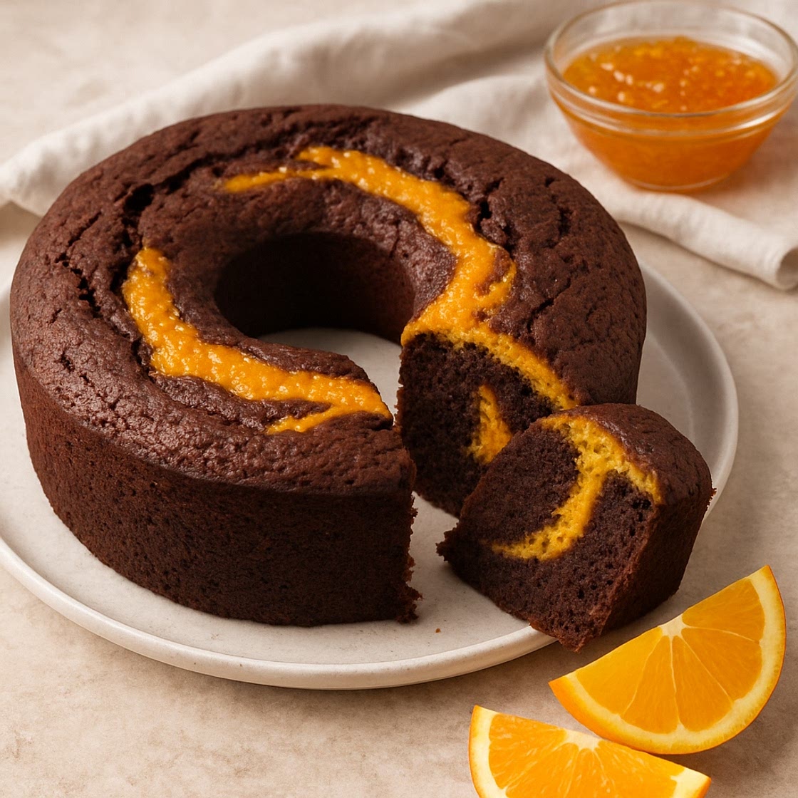 Receta clasica de bizcocho de chocolate humedo con un toque marmolade de naranja