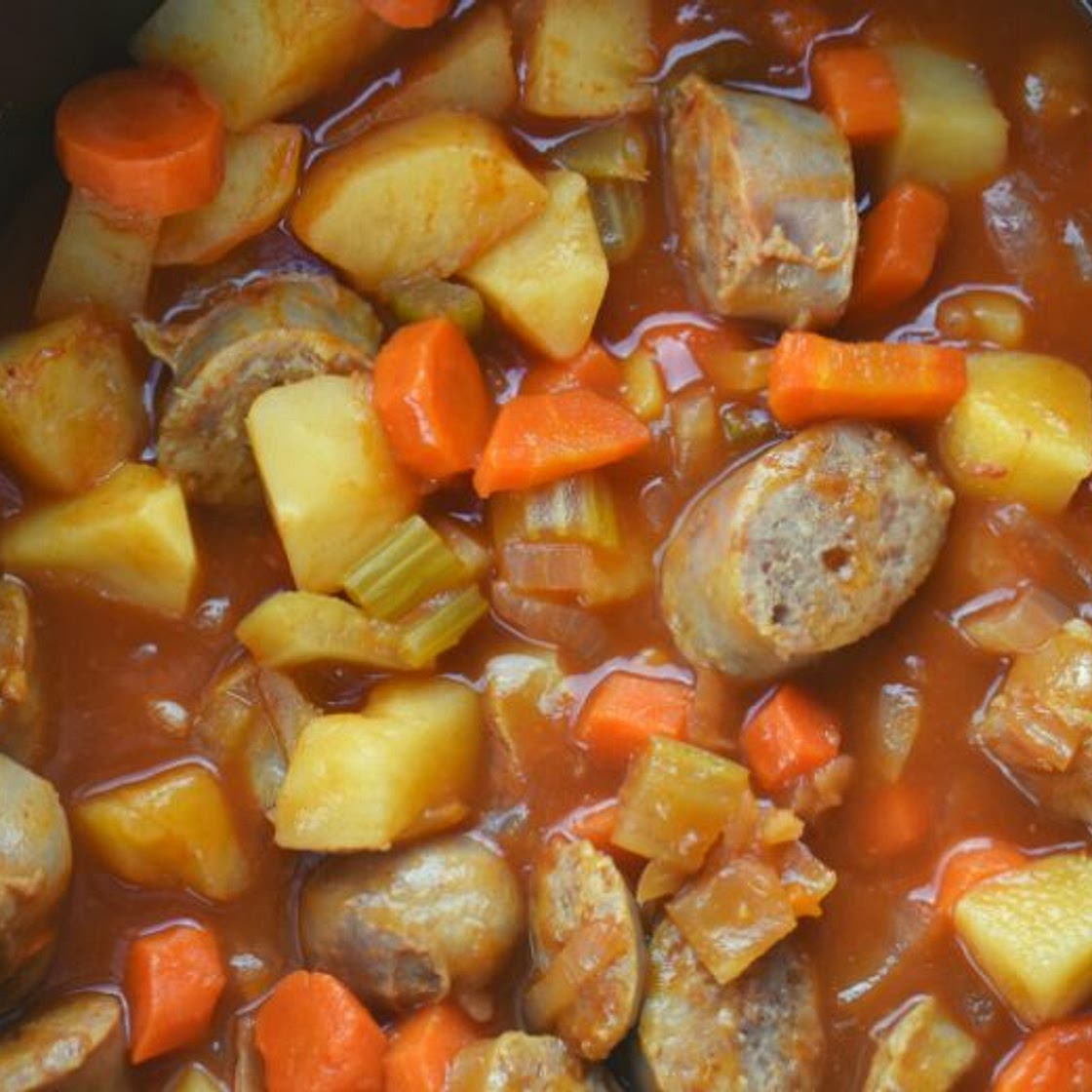 Slow Cooker Bratwurst Casserole - A Brat Stew Recipe in the Crock Pot