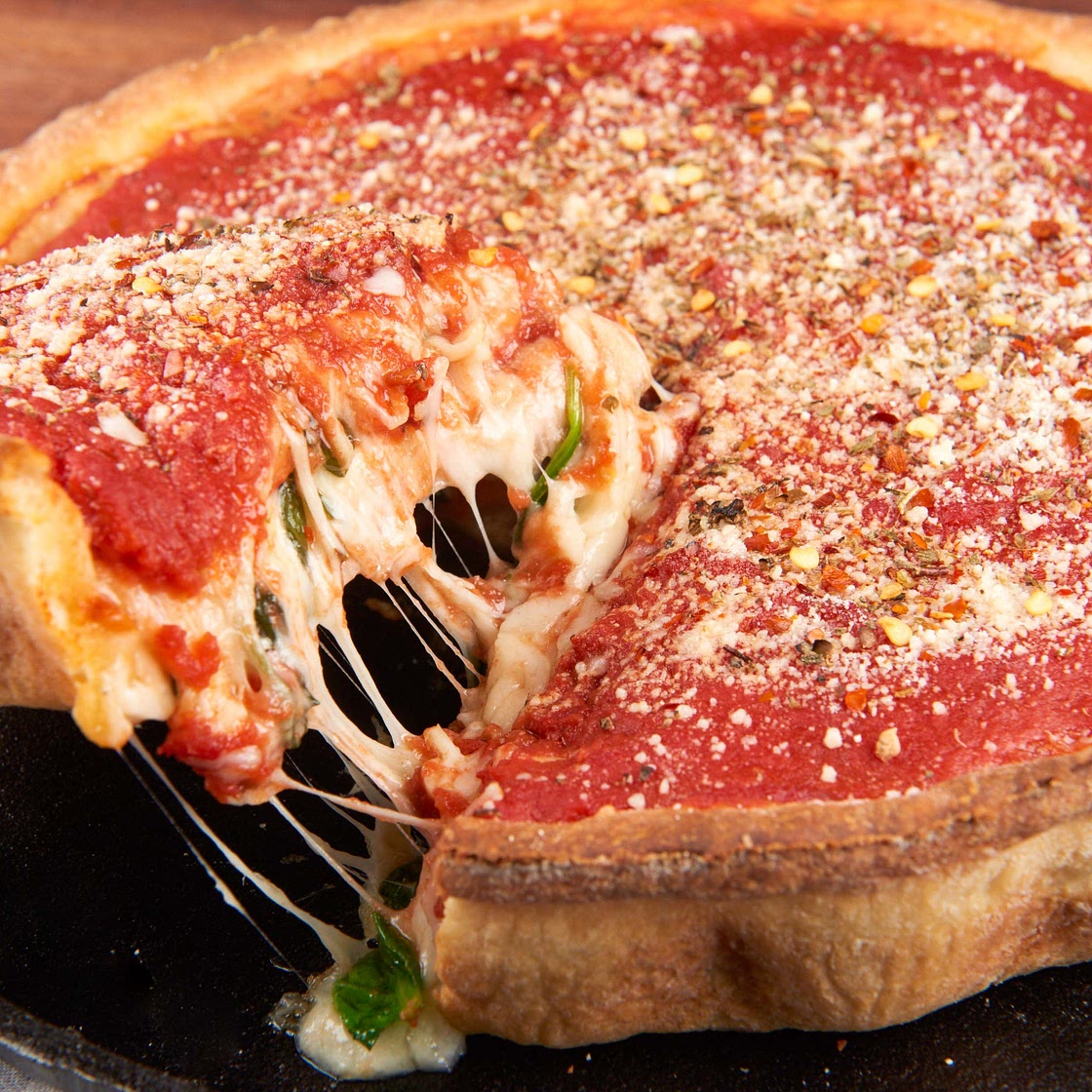 Chicago-Style Veggie Deep Dish Pizza with ricotta, spinach, and roasted red peppers
