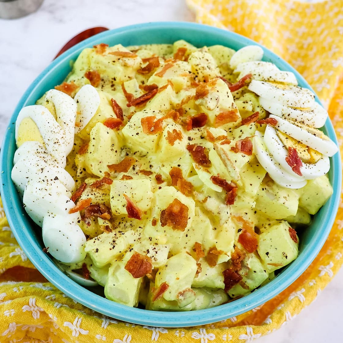 Deviled Egg Potato Salad with Bacon and Mustard Dressing