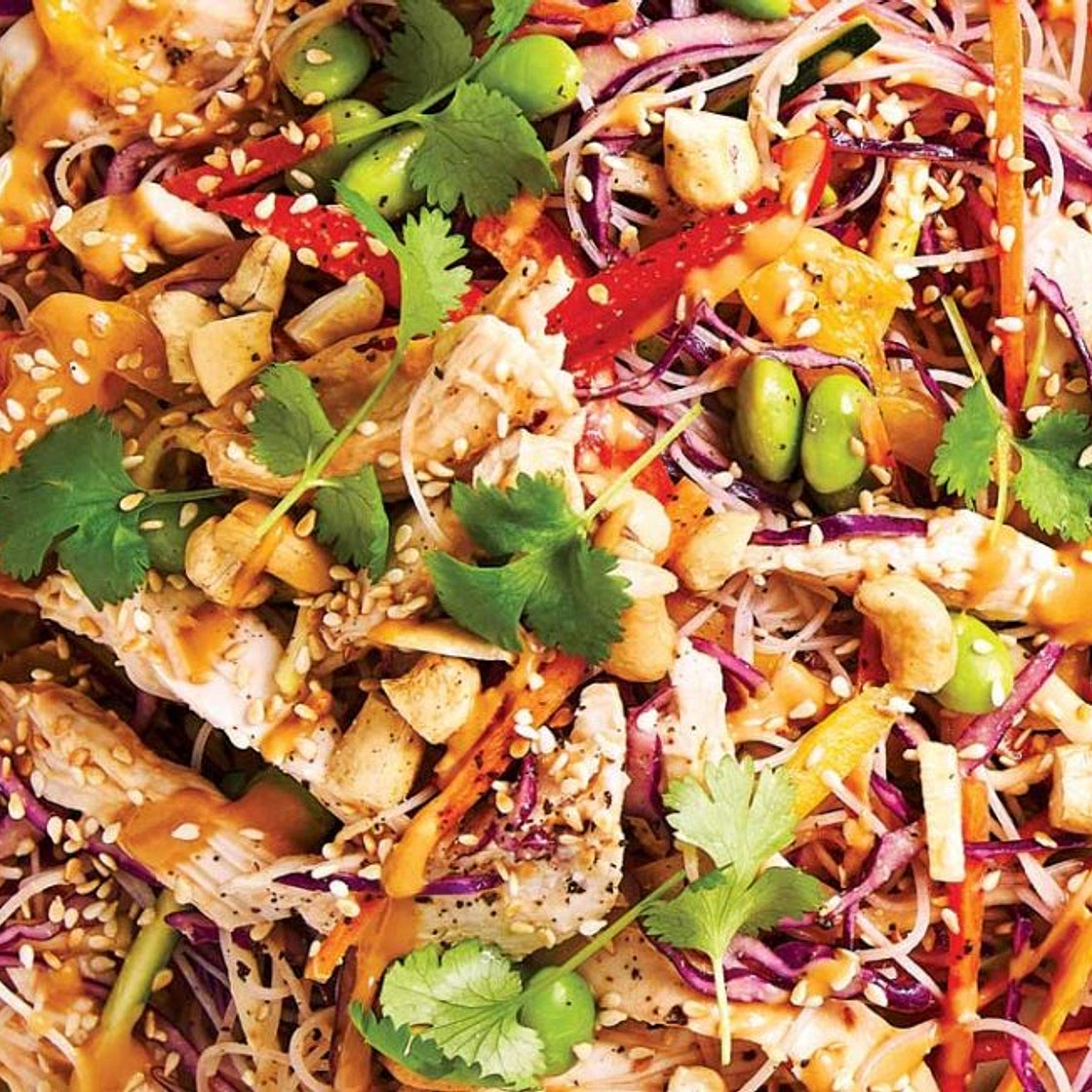 Rainbow noodle salad with chicken and edamame