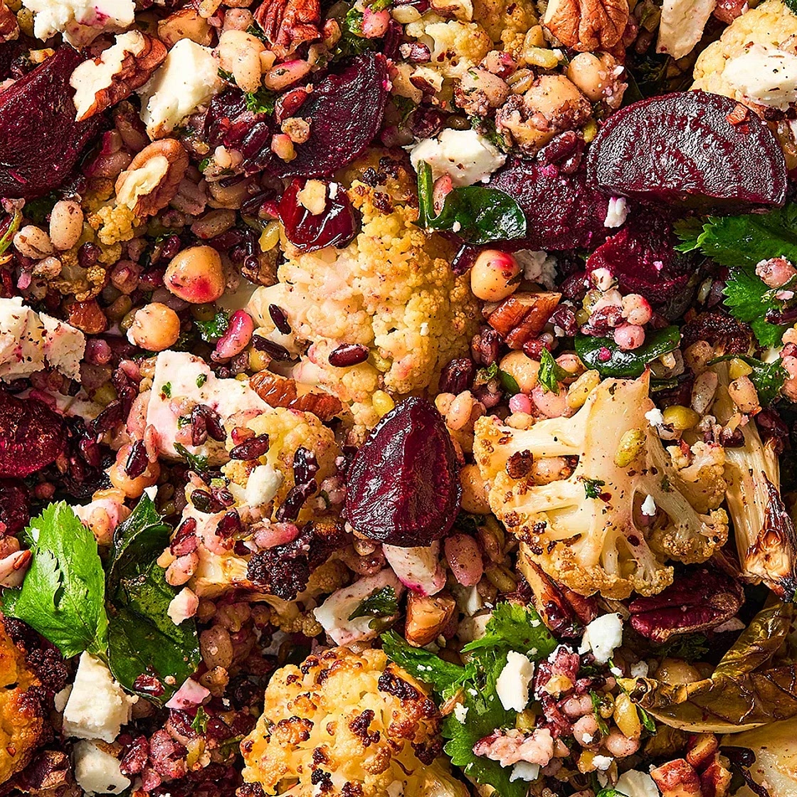 Freekeh and roast vegetable salad, with baba ganoush