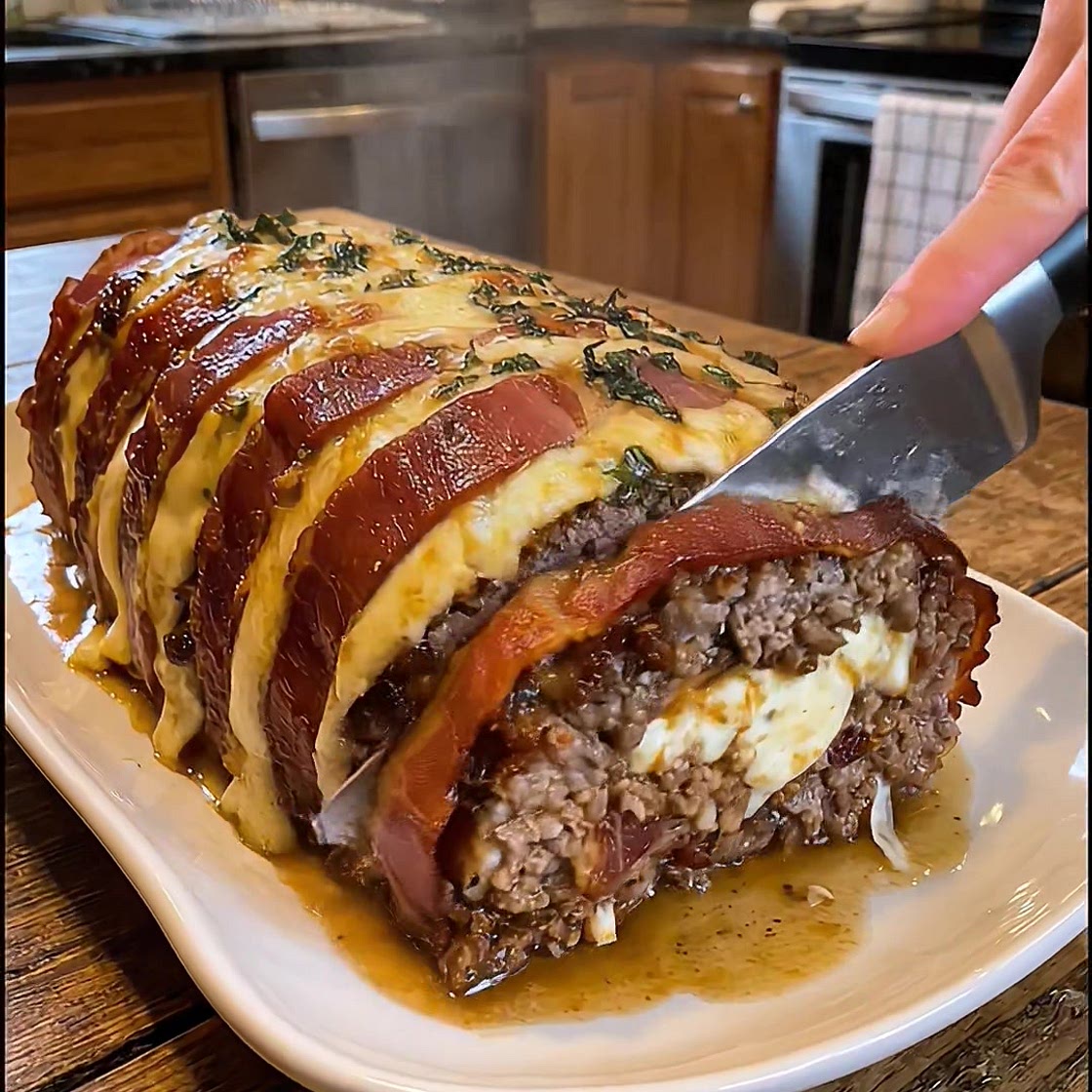 🥓🧀 Mozzarella Stuffed Bacon-Wrapped Meatloaf 