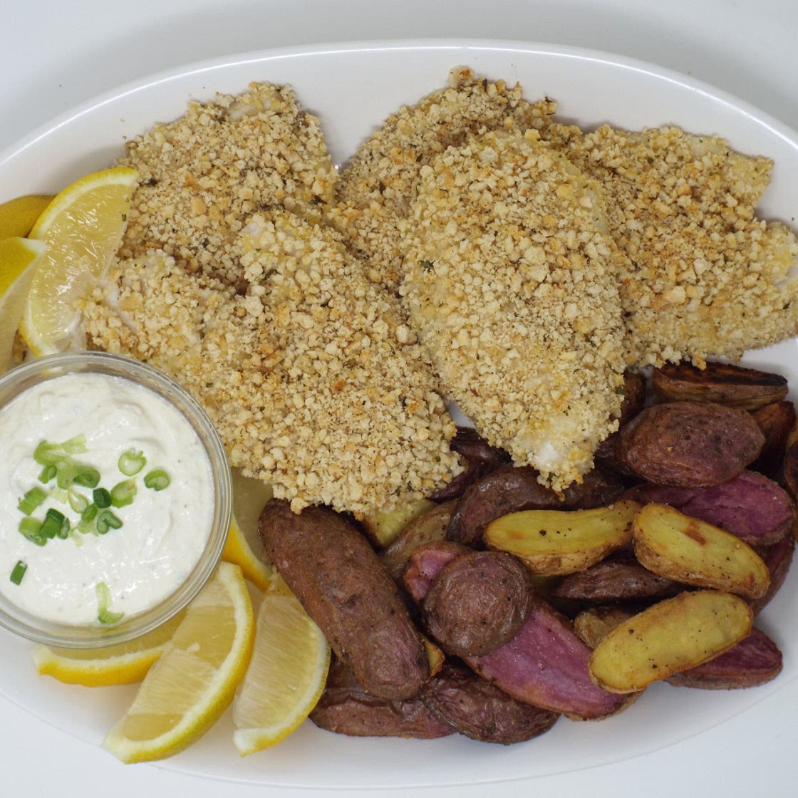Baked Fish and Chips with Creamy Horseradish Sauce