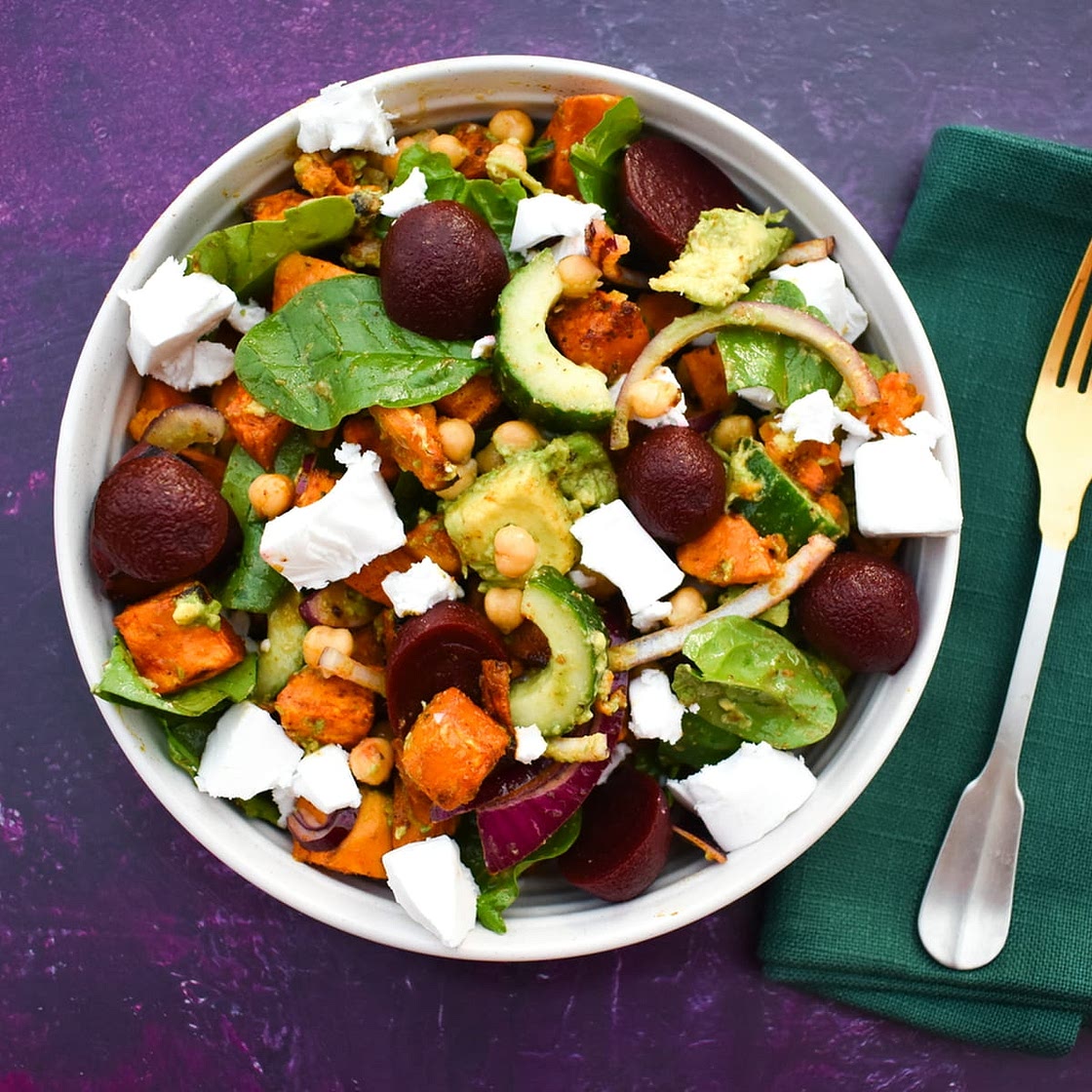 Vegan Roasted Sweet Potato, Spinach & Feta Salad