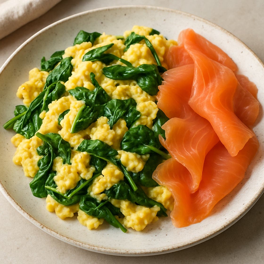 Huevos revueltos con espinacas y salmon ahumado