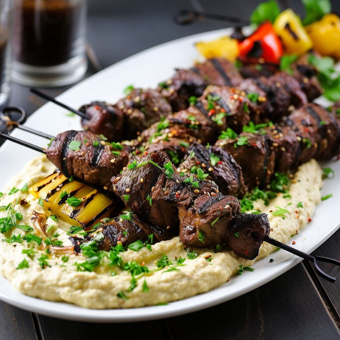 Grilled Beef Kebabs with Hummus