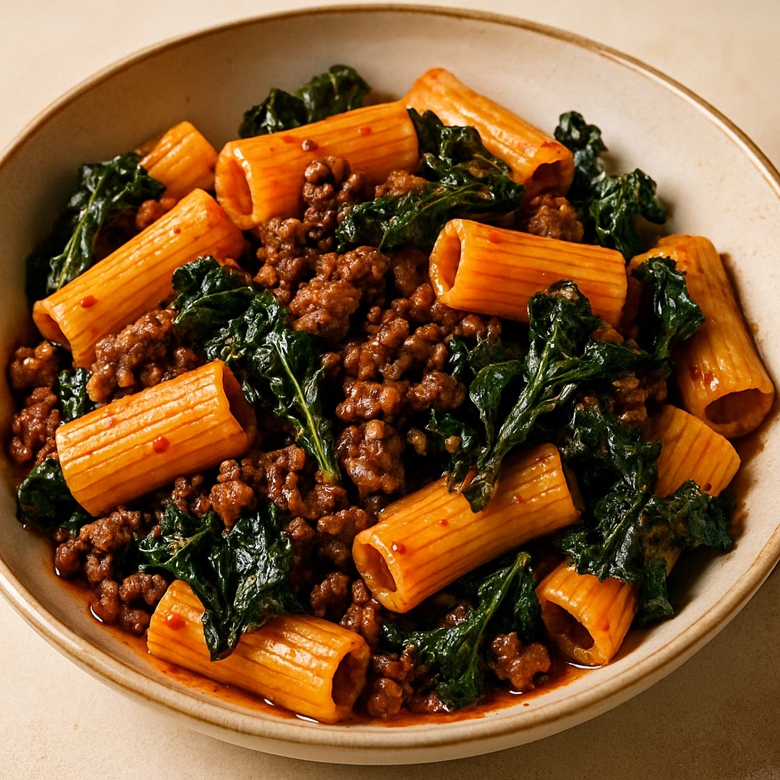 Rigatoni Pasta with Lamb Mince, Cavolo Nero & Gochujang