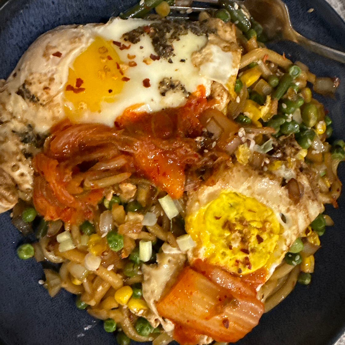 Kimchi sesame udon noodles