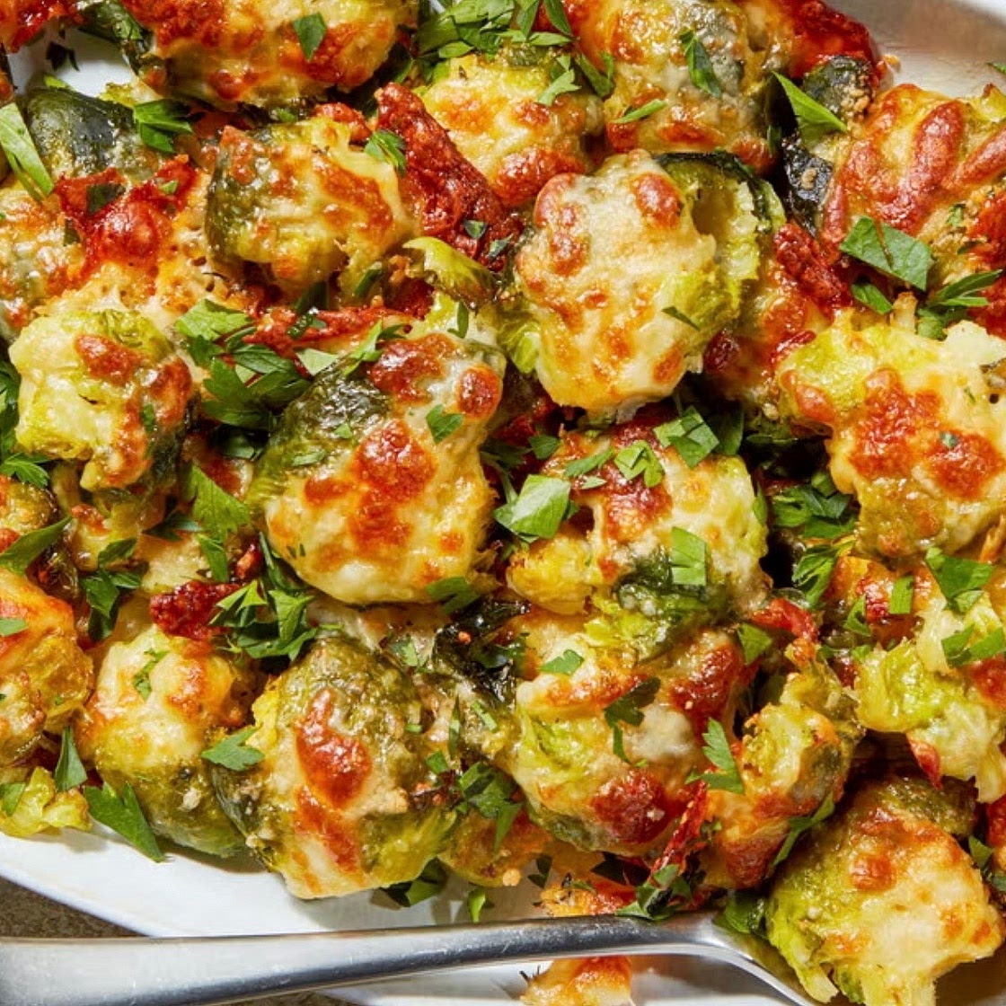 Brussel sprouts, bacon and eggs