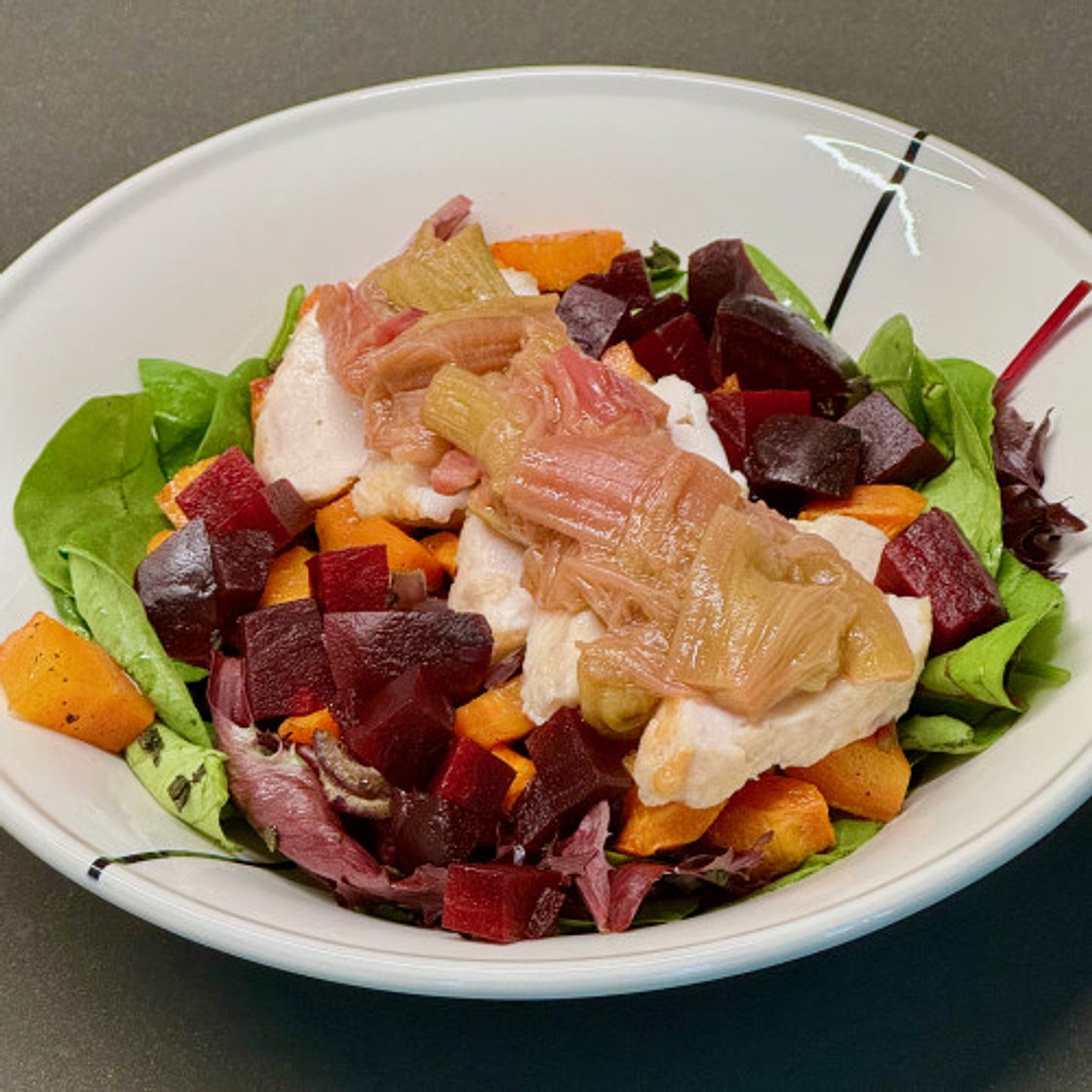 Rhubarb, beetroot & chicken Salad