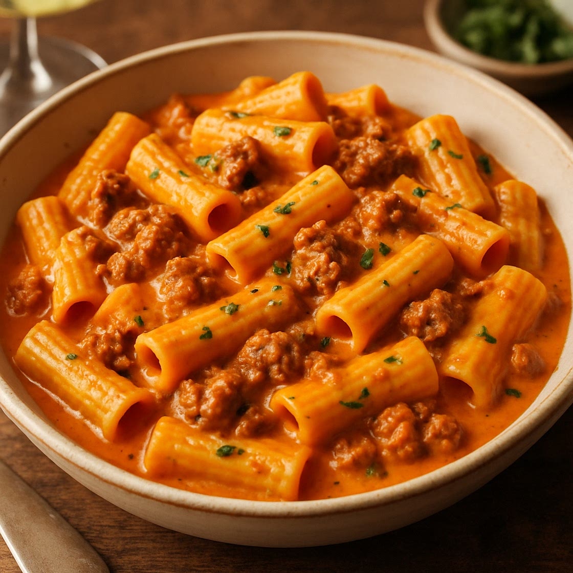Rustic Italian-American classic — crumbled sausage, white wine, and a silky tomato cream sauce