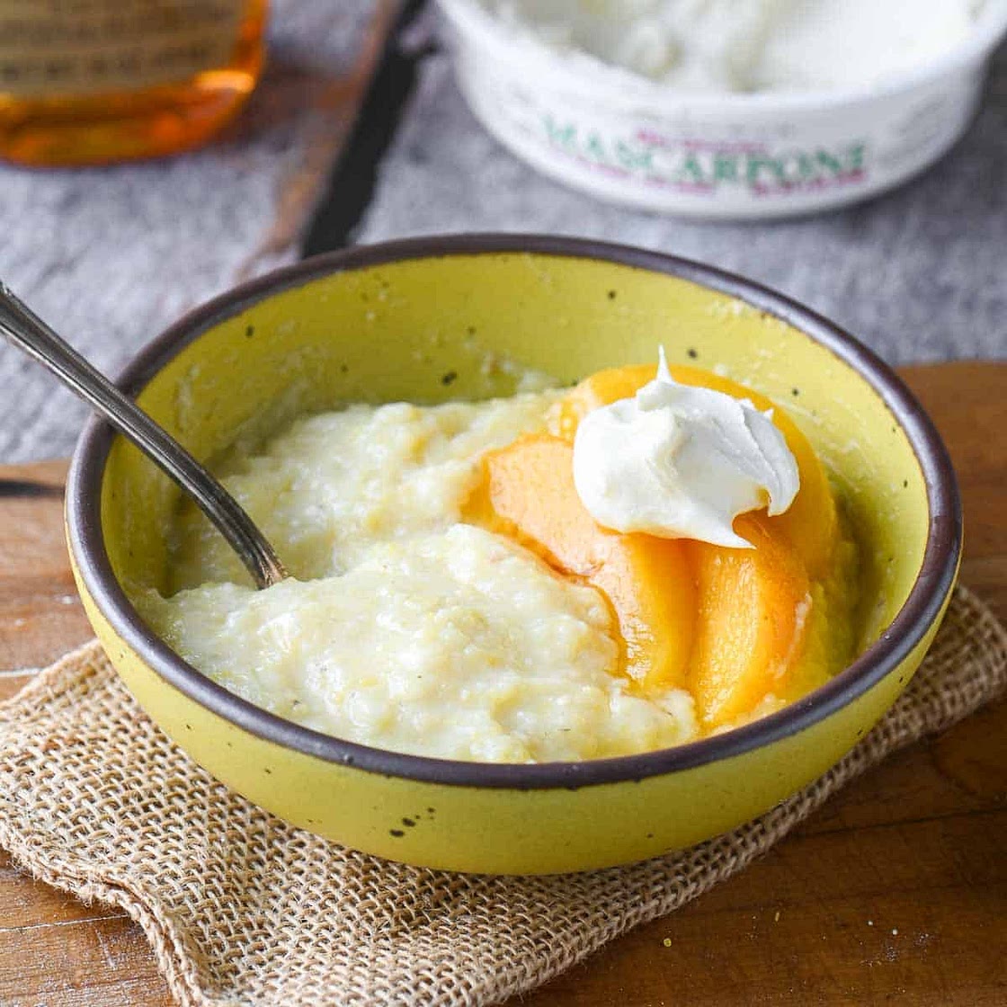 Breakfast Polenta Porridge with Mascarpone and Peaches