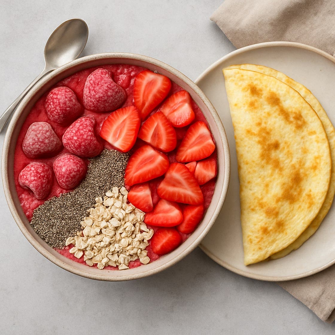 Bevroren aardbeien smoothie bowl met een eiwit omelet