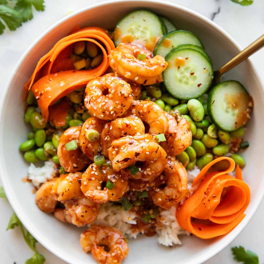 Sticky Garlic Sesame Shrimp Bowls
