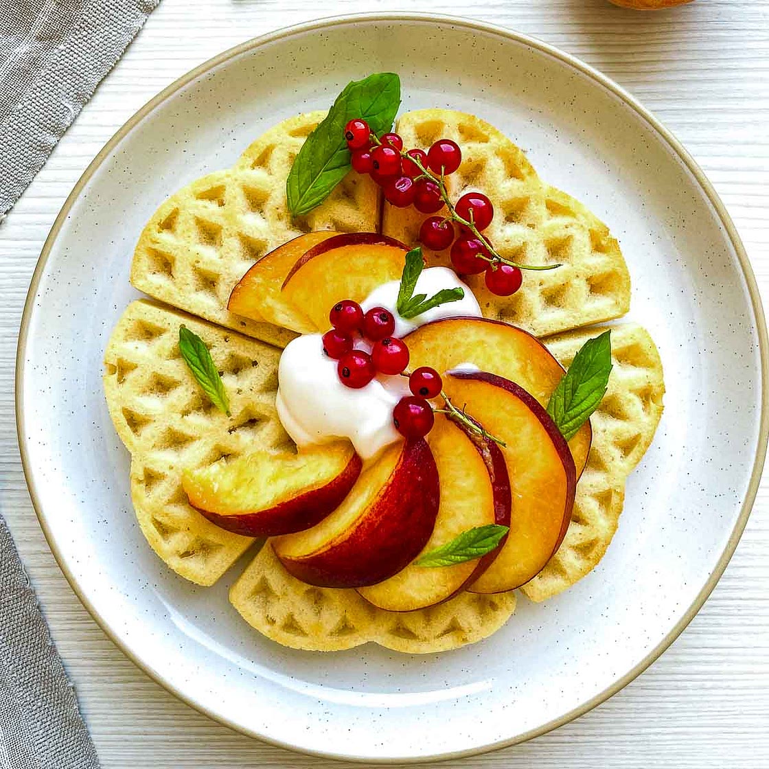 Fresh Peach Buttermilk Waffles with Honey Yogurt