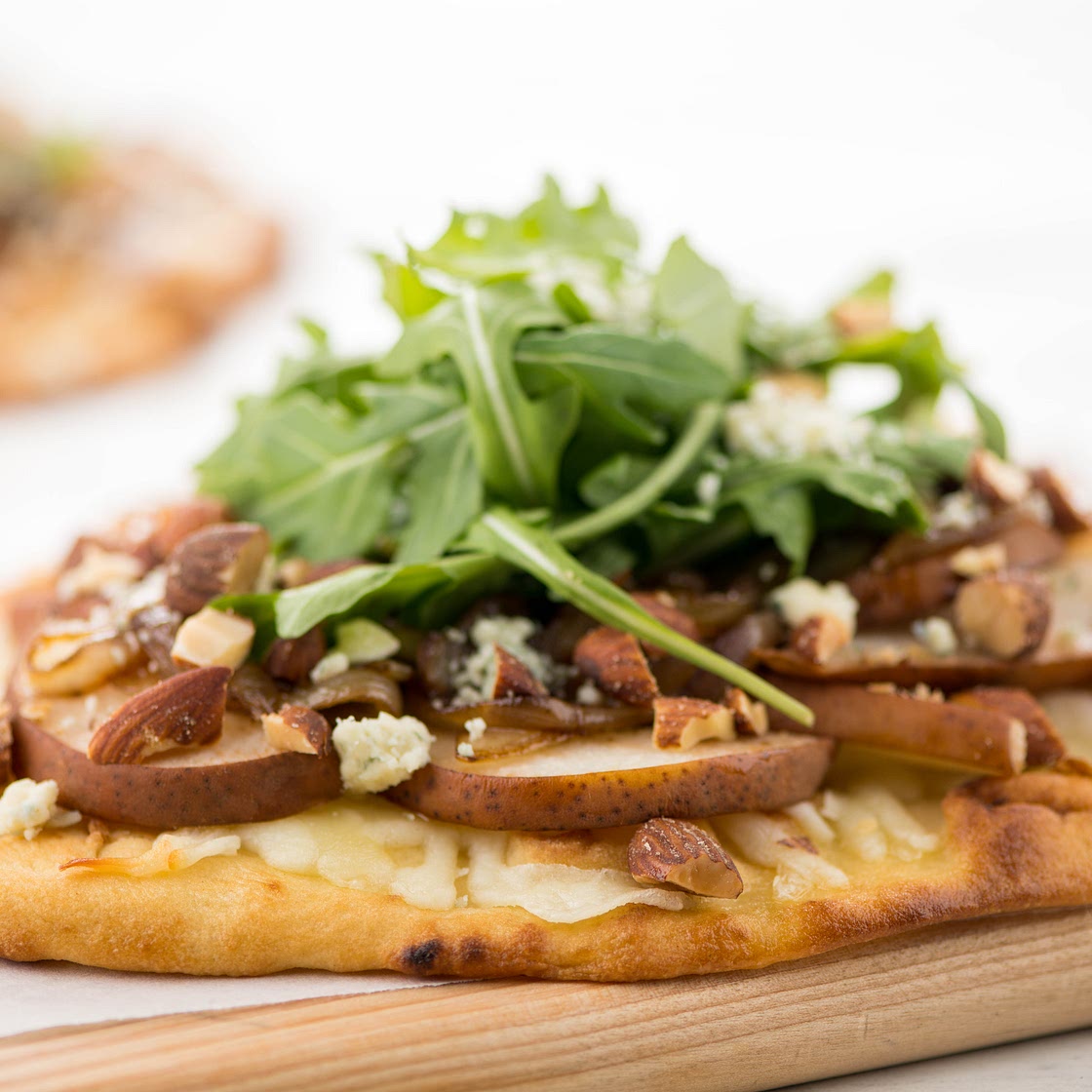 Pear and Blue Cheese Pizza with smoked almonds