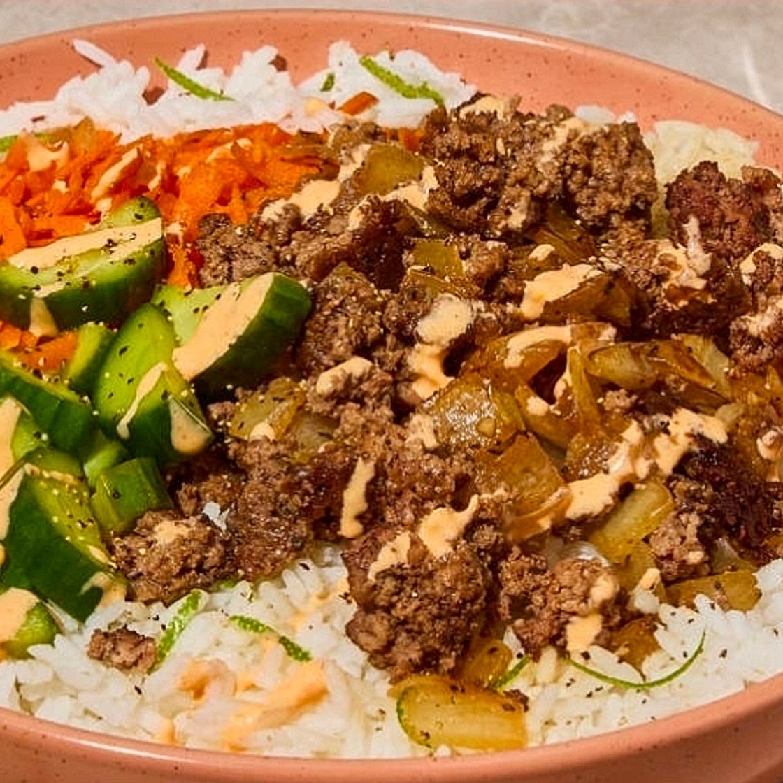 Ponzu Beef with Siriacha mayo & pickled cucumber