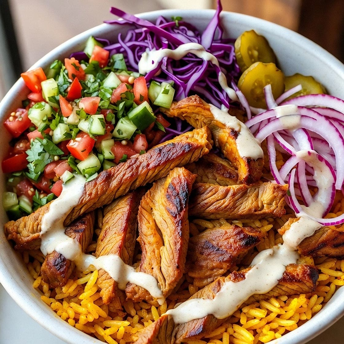 Levantine Shawarma Steak Bowl with Turmeric Basmati Rice