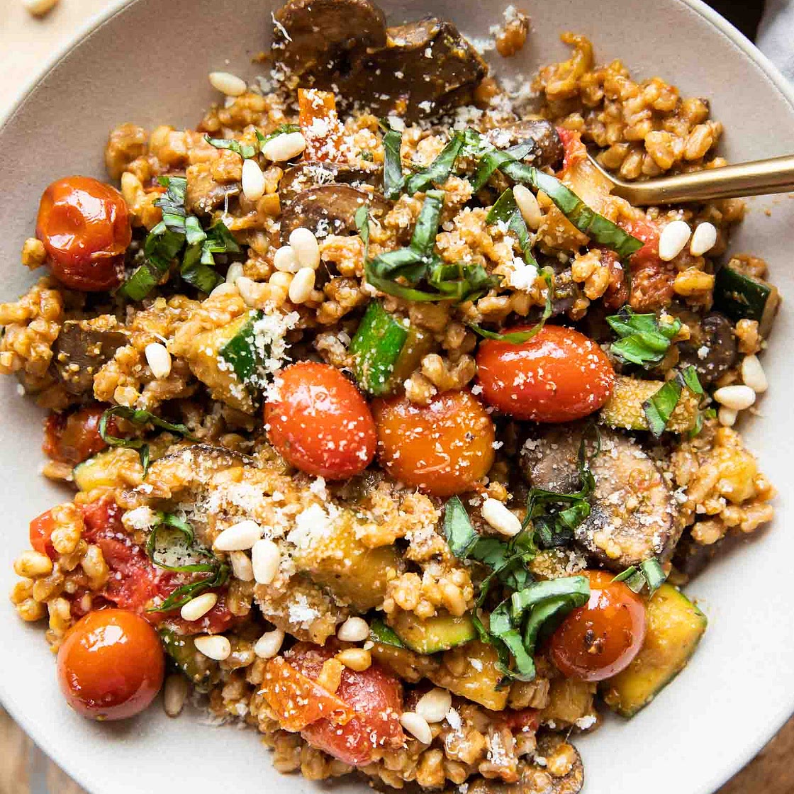 Farro with Blistered Tomatoes & Pesto