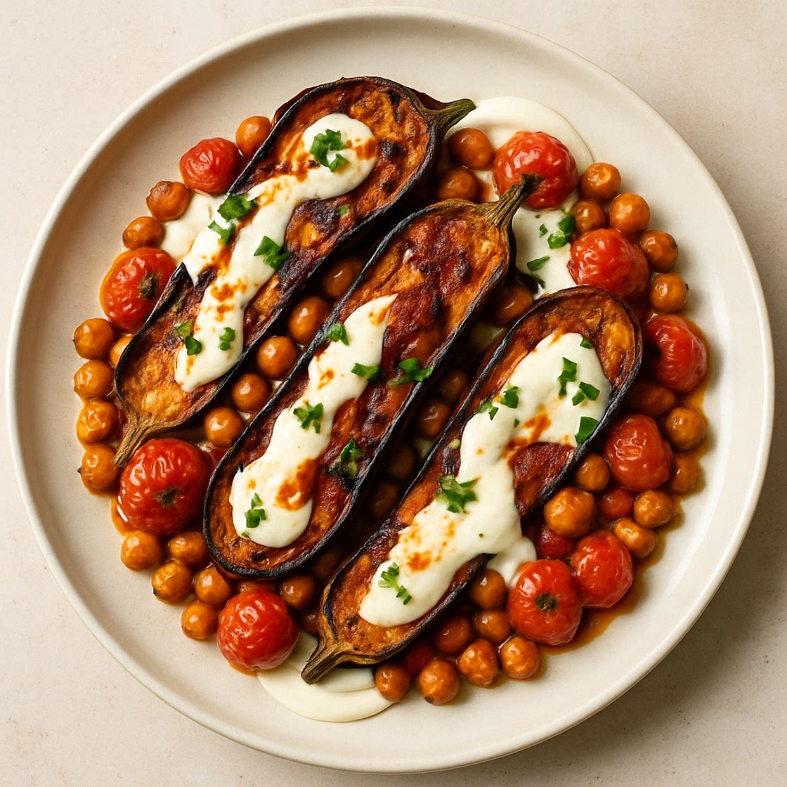 Harissa-roasted eggplant, chickpeas & tomatoes with tahini and yogurt