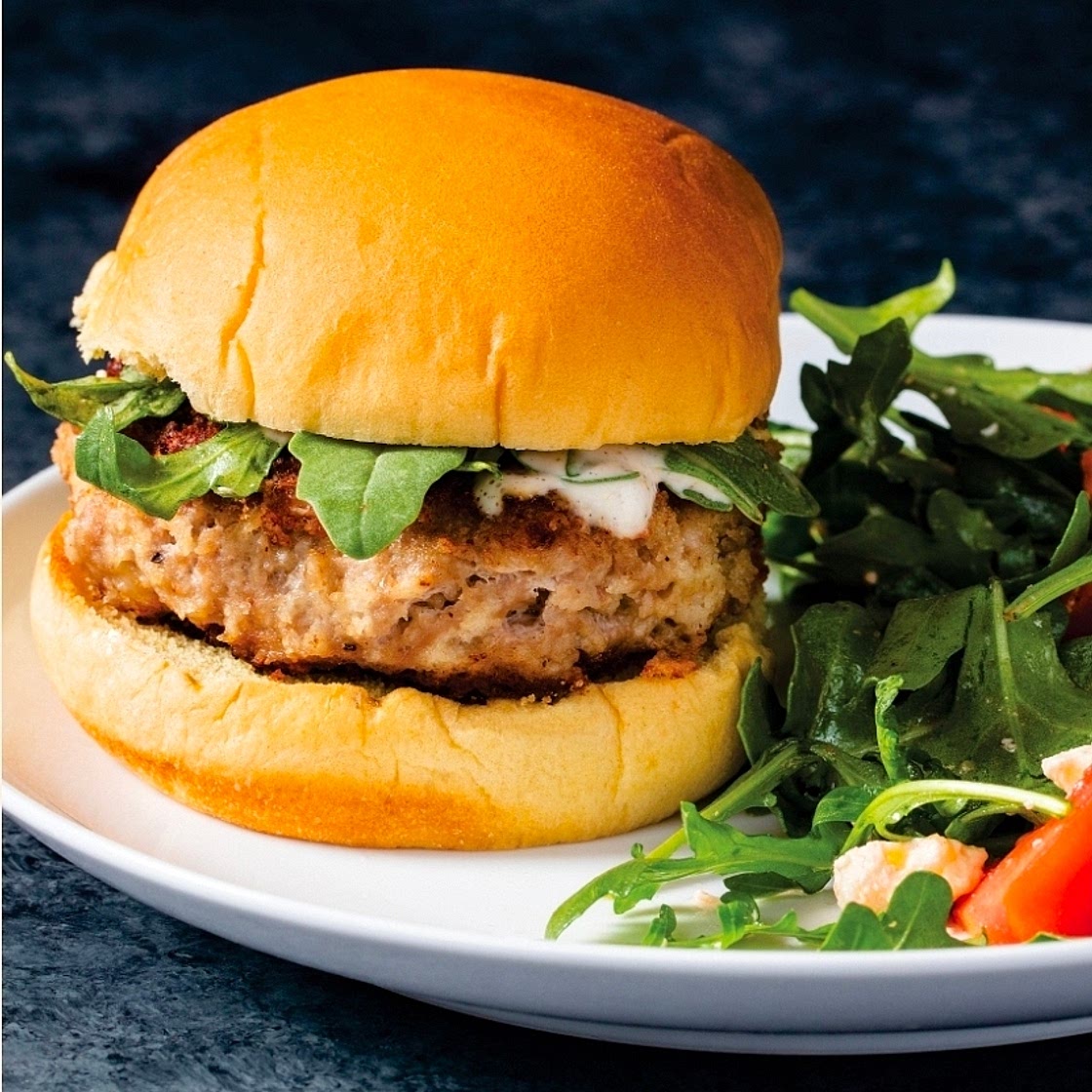 Skillet Turkey Burgers with Tomato and Arugula Salad