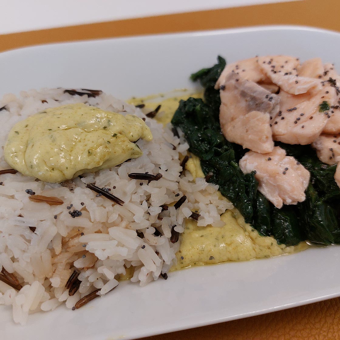 Salmon with Spinach Basmati Rice and Green Curry Sauce
