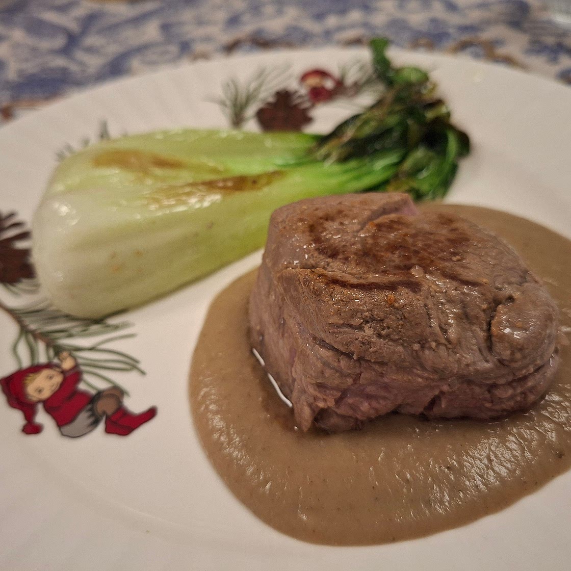 Beef Tenderloin with Celeriac and Chestnut Cream and Pak choi