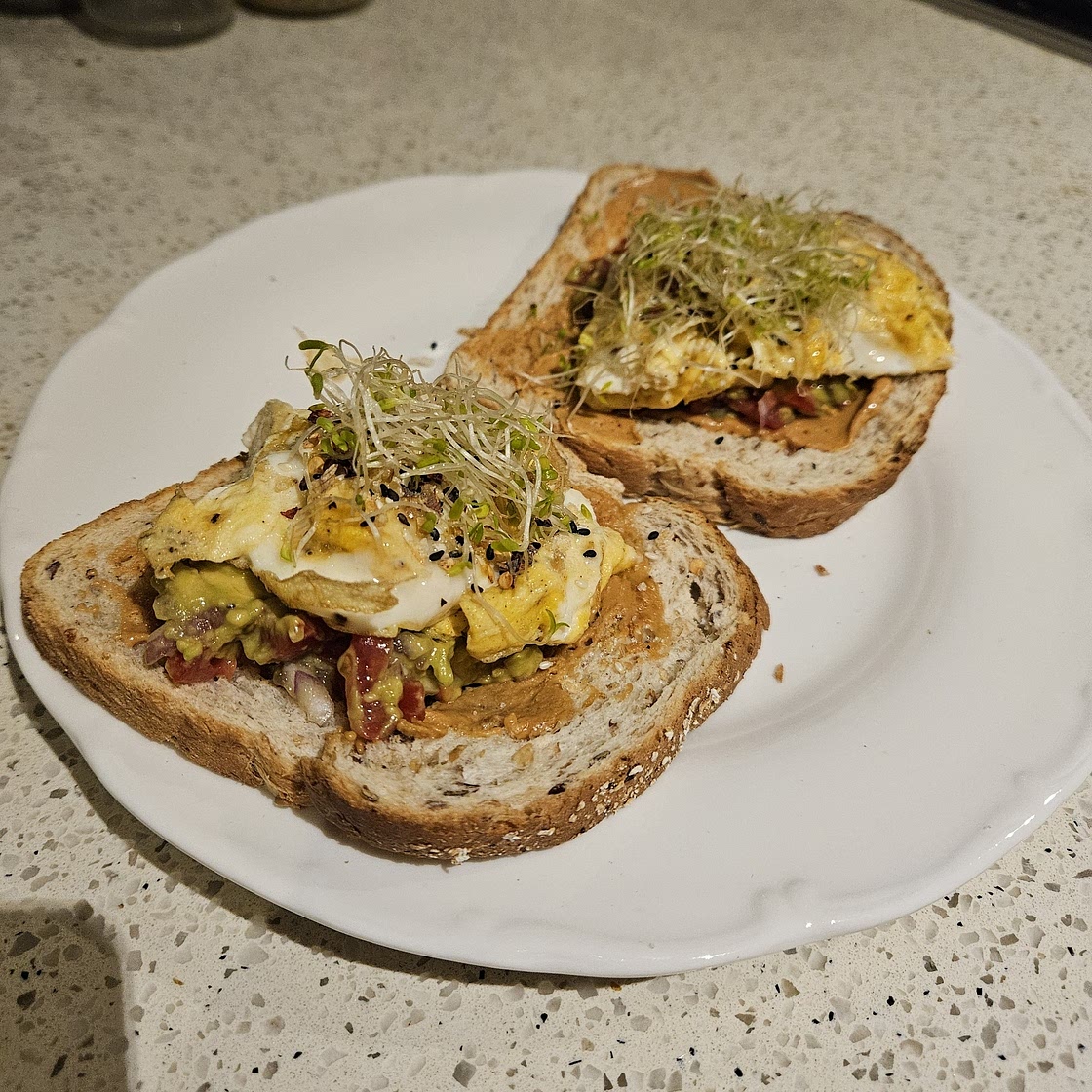 Peanut Butter Avocado Toast with Scrambled Eggs
