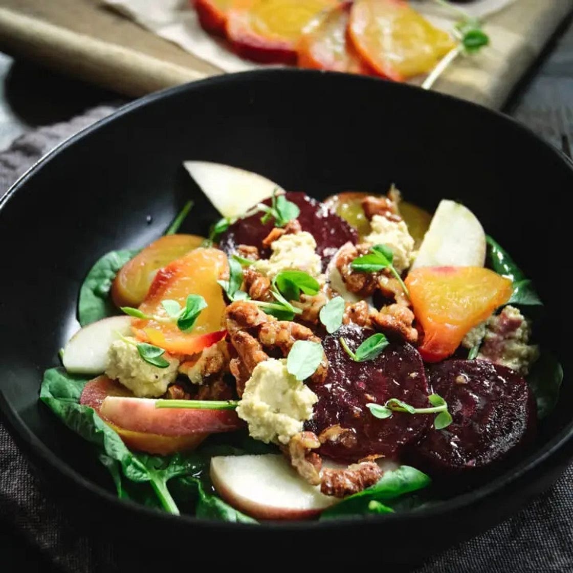 Apple Beet Salad With Candied Walnuts and Cashew Cheese