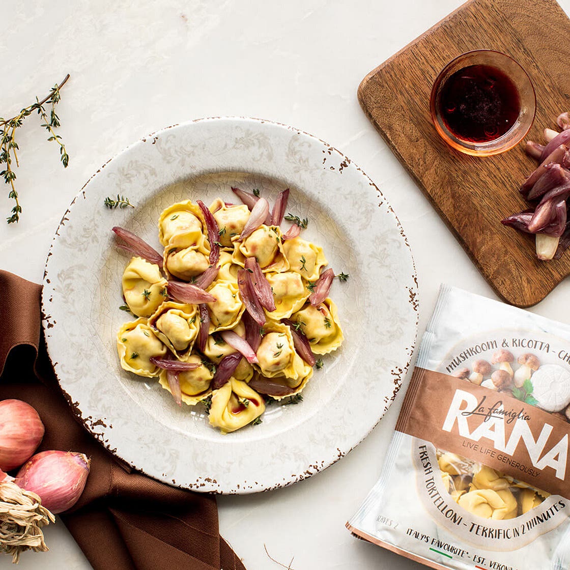 MUSHROOM & Mascarpone TORTELLONI WITH CARAMELIZED SHALLOTS AND THYME