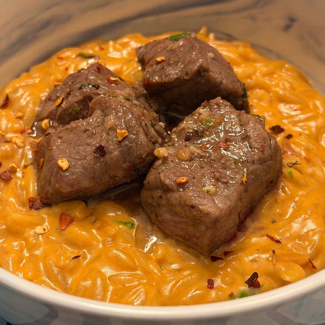 Garlic Steak Bites & Creamy Tomato Orzo