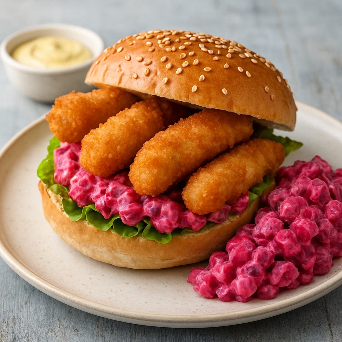 Fish Goujon Sandwich with Beetroot Russian Salad