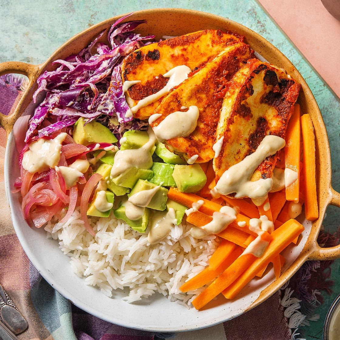 Harissa Halloumi Rainbow Bowls with Garlic Hummus Dressing
