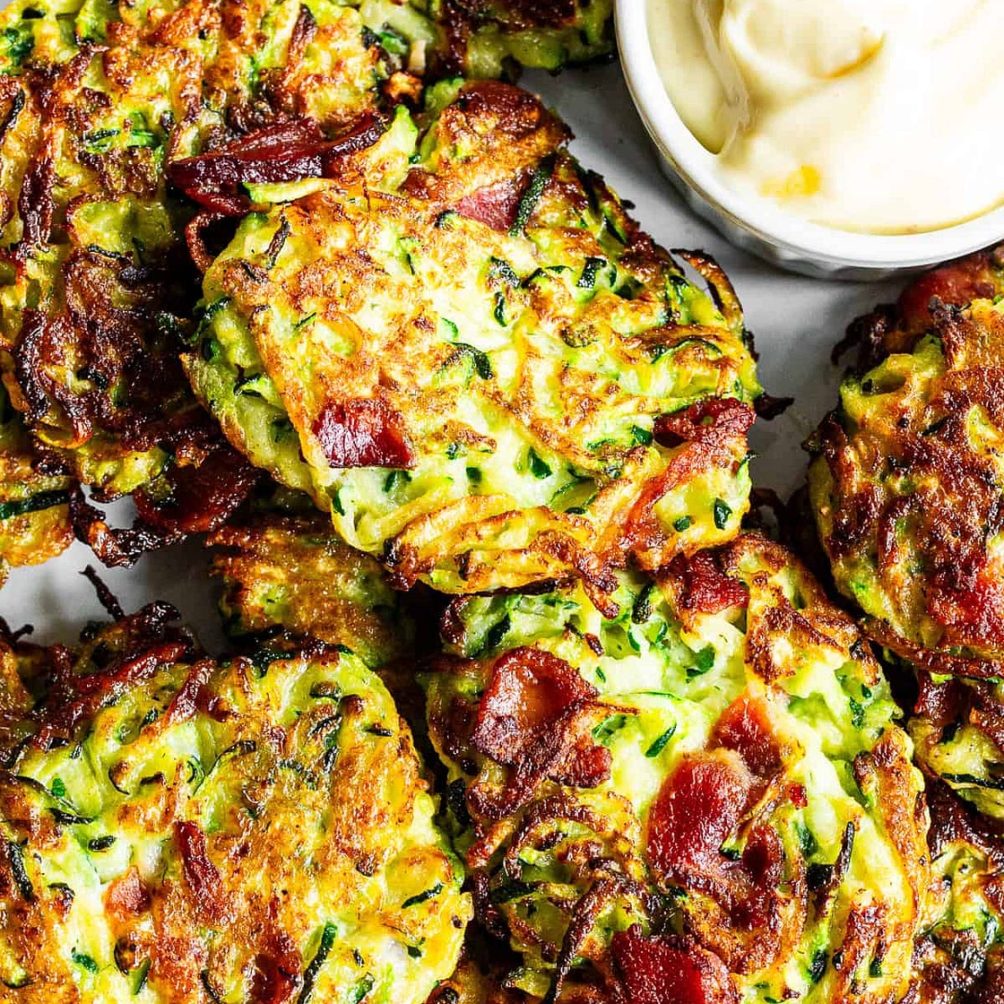 Crispy Zucchini Fritters with Bacon (Easy, Healthy, Gluten Free)