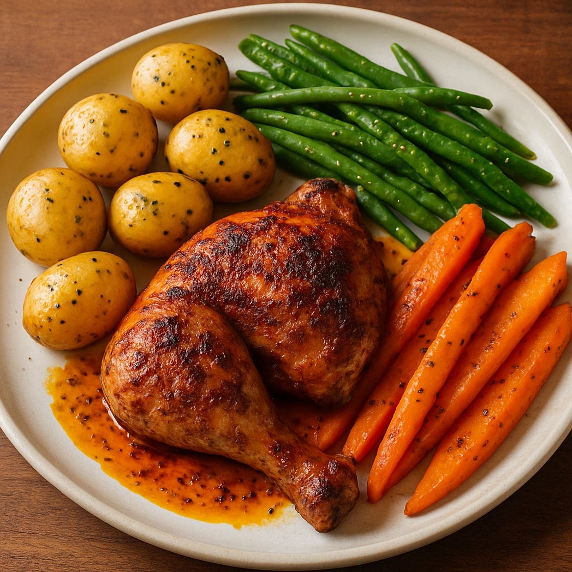 Pollo arrosto agli aromi del Messico con patate novelle, fagiolini e carote al miele
