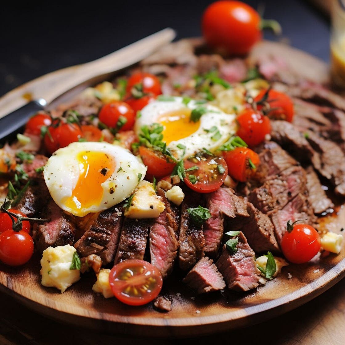 Mediterranean Beef and Egg Scramble with Grilled Tomatoes