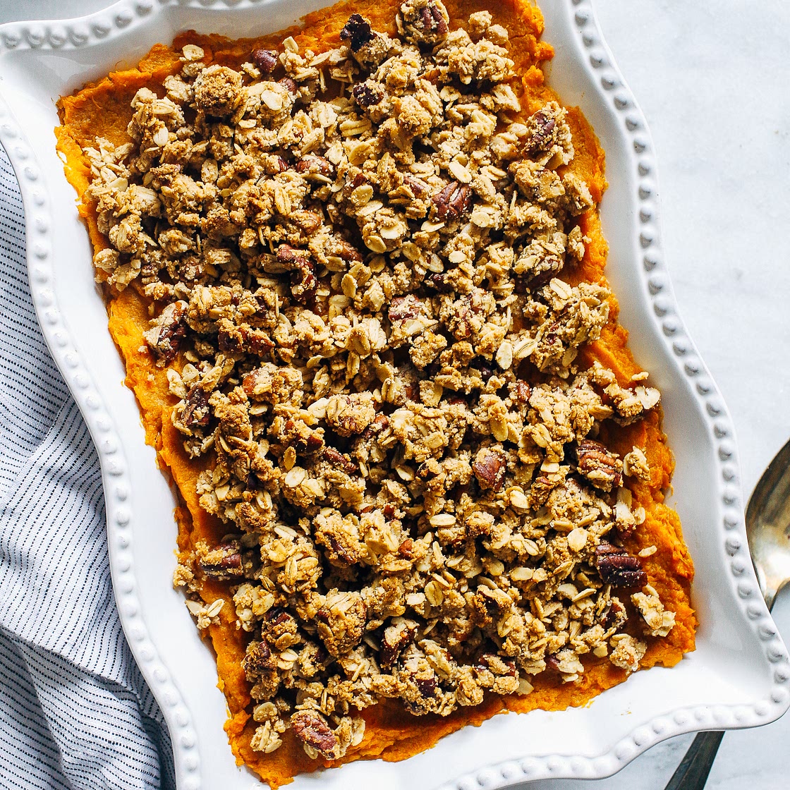 Butternut Squash and Sweet Potato Casserole with Pecan Crumble
