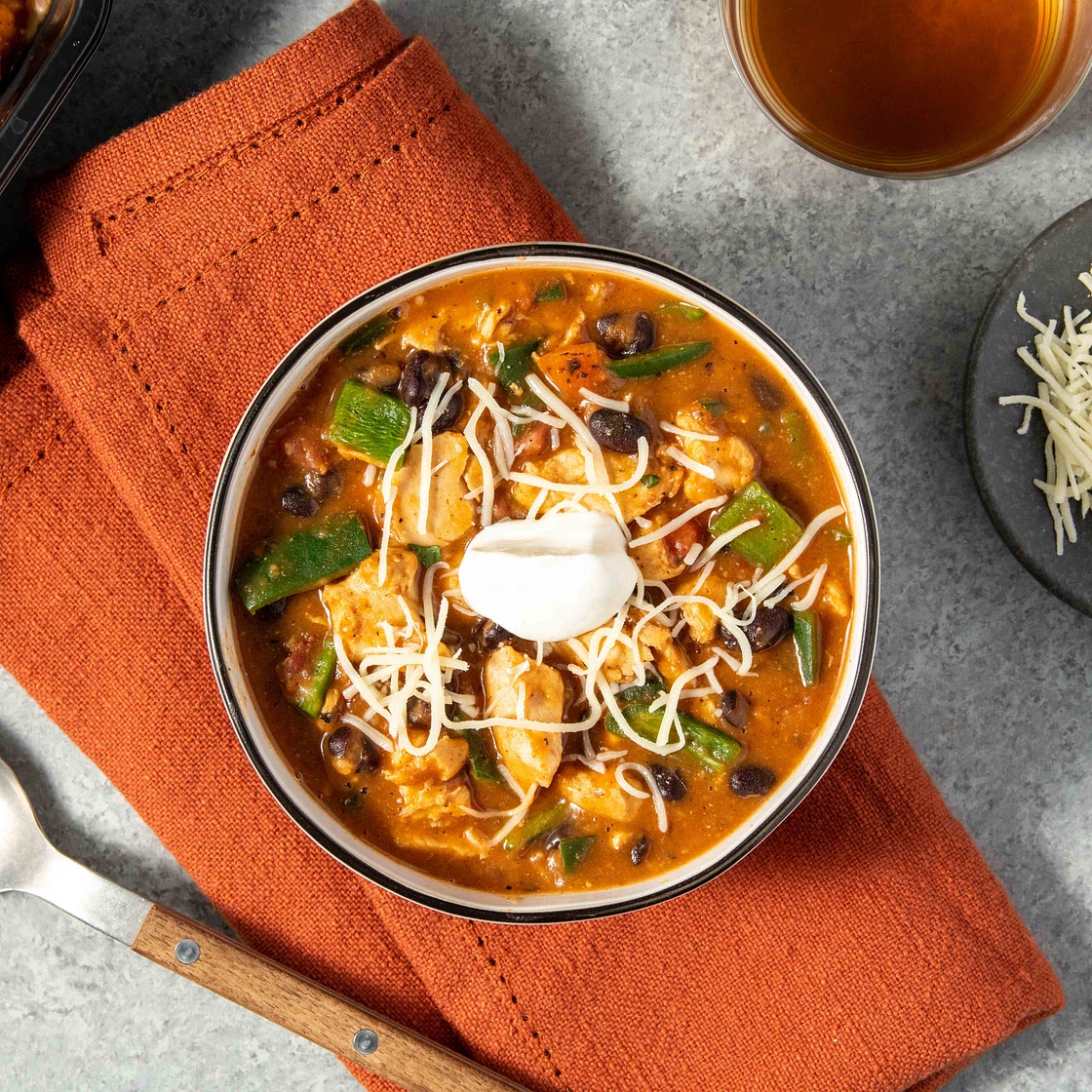 Bacon Chicken Chili with white cheddar and crème fraîche