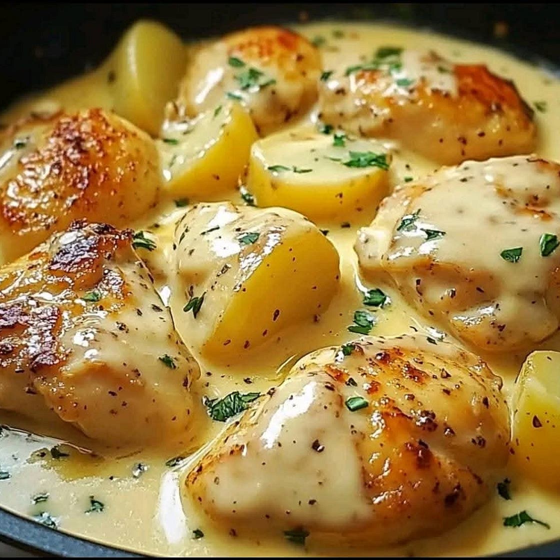 CHICKEN WITH POTATOES IN CHEESE SAUCE