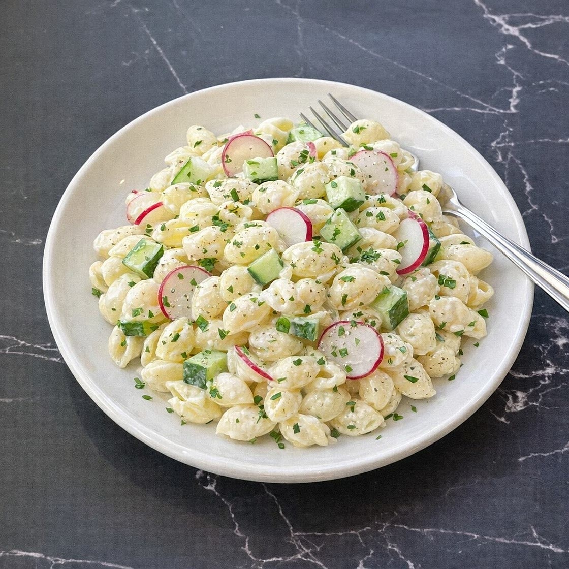 Coquillettes au fromage frais, concombre & radis