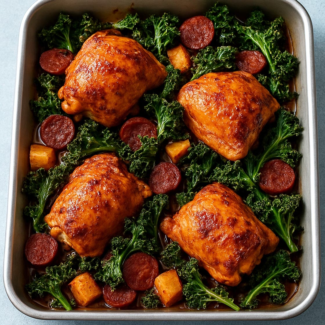 Paprika & honey chicken traybake with chorizo and kale
