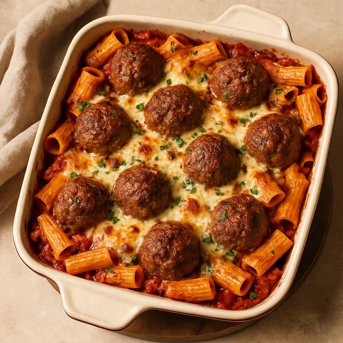 Garlicky Meatball Pasta Bake