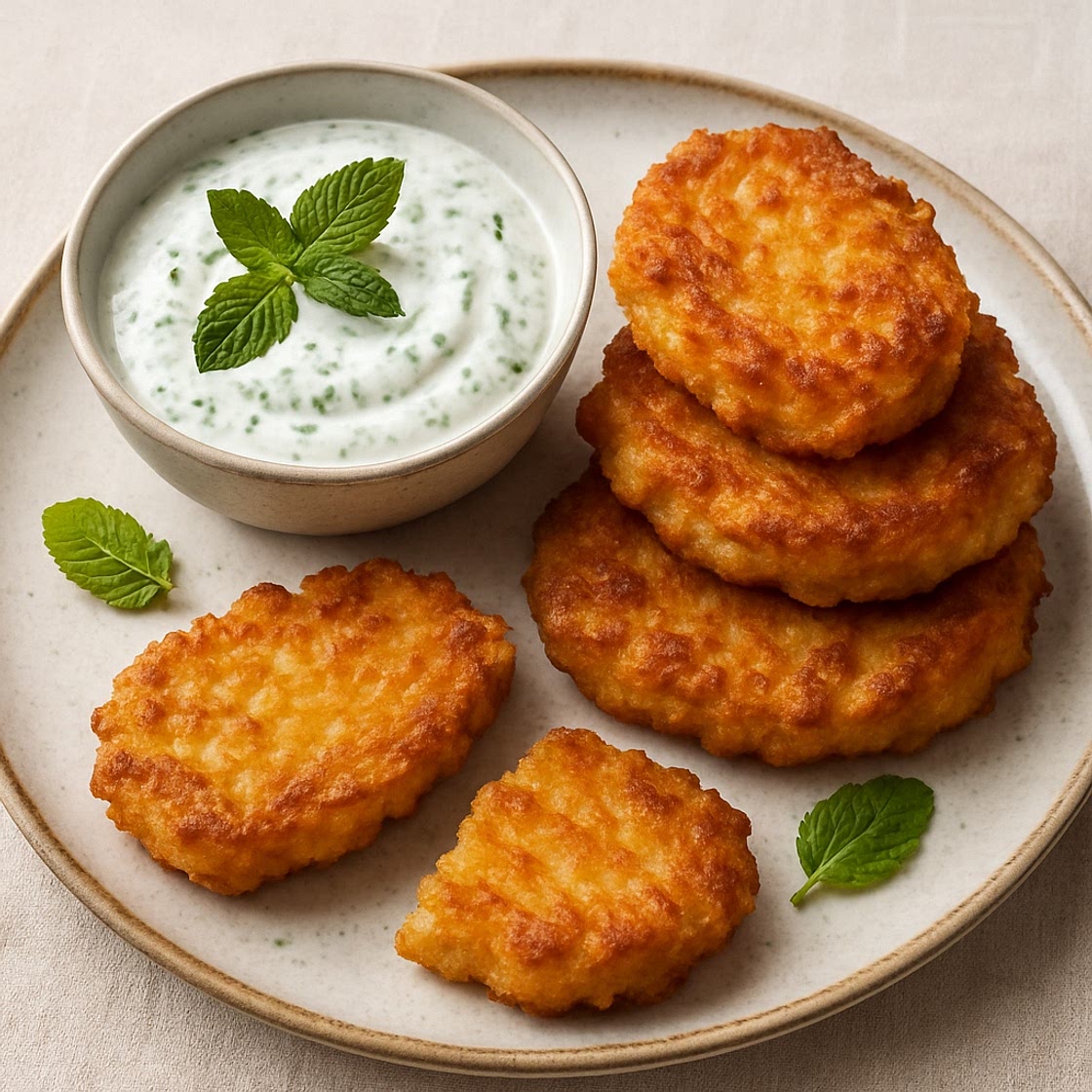 Knapperige aardappelpuree met munt-yoghurt dip