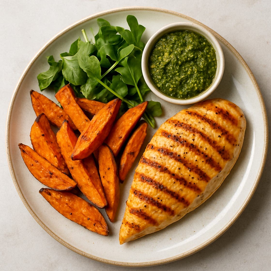 Kipfilet met zoete aardappel en pesto dip