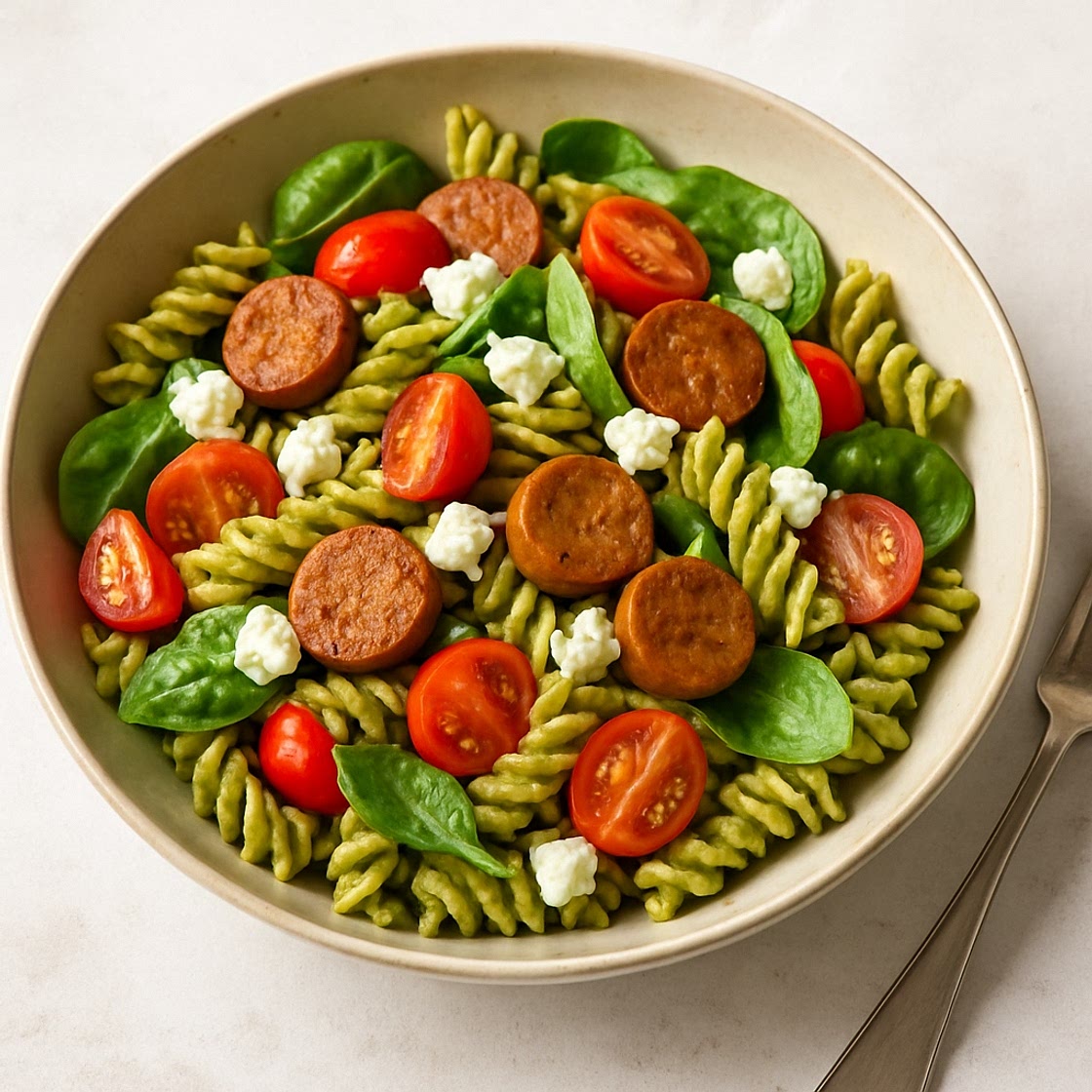 Pesto-pastasalade met vegavlees